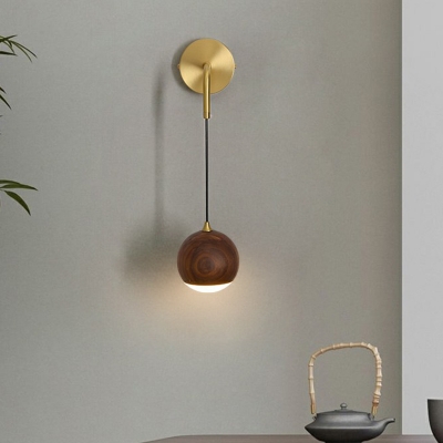 Walnut Wood Ball Wall Hanging Lamp Simplicity Brown-Brass LED Sconce Light for Corridor