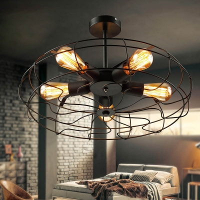 5 Lights Semi Flush Mount Fixture Rustic Round Cage Metal Ceiling Light in Black