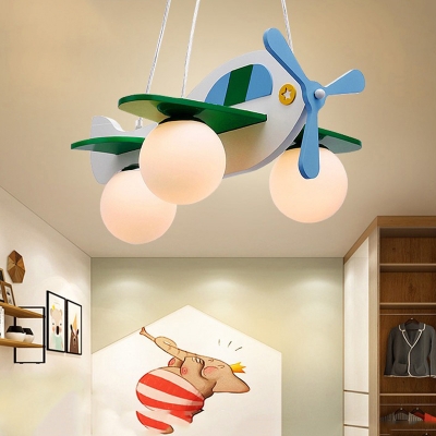 Airplane Baby Room Chandelier Wooden 3-Light Cartoon Hanging Light with Ball White Glass Shade