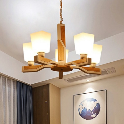 Bedroom Chandelier Modern Wood Pendant Light Kit with Trapezoid Opaline Glass Shade