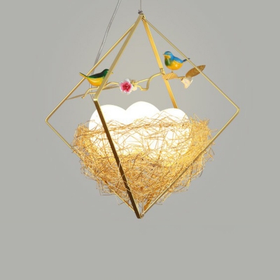 Beige Nest Pendant Light Fixture Modern 3-Head Aluminum Wire Chandelier with Egg and Bird Deco