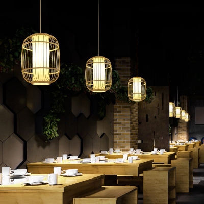 Beige Oval Hanging Ceiling Lantern Asia 1-Light Bamboo Pendant Light for Dining Room