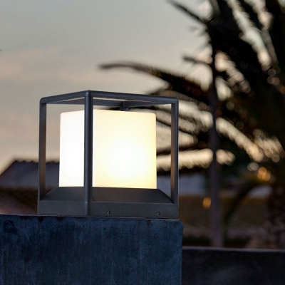 Black-White Cube Post Lamp Simplicity 1-Bulb Plastic Fence Light with Cage for Garden