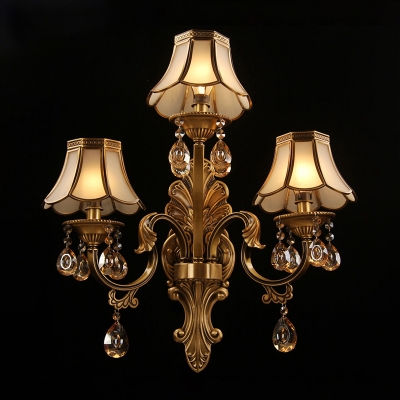 Brass 3-Light Wall Lamp Vintage Frosted Glass Flared Sconce Lighting with Scalloped Edge and Crystal Drops