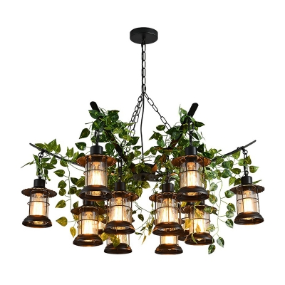 Clear Glass Lantern Ceiling Chandelier Industrial Restaurant Pendant Light in Black with Fake Ivy Decor