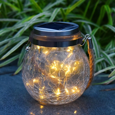 Crackle Glass Ball Solar Pendant Lamp Artistic Silver LED Hanging Light with Hemp Handle