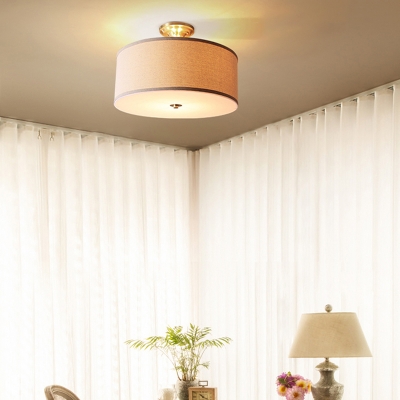Fabric Flaxen Ceiling Light Fixture Drum Shaped Rustic Semi Flush Mount Lamp for Bedroom
