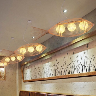 Fish Shaped Restaurant Pendant Lighting Fixture Bamboo Rustic Ceiling Chandelier