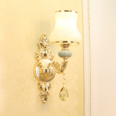 Frosted Glass Flared Wall Lamp Fixture Traditional Bedroom Sconce Light with K9 Crystal Deco