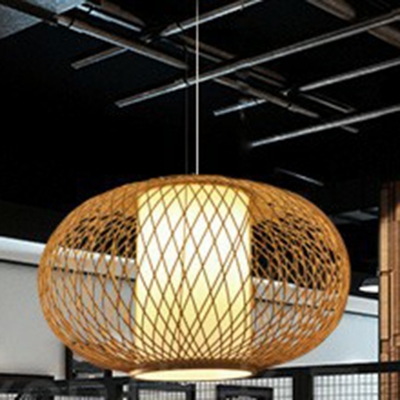 Hand-Worked Restaurant Hanging Light Bamboo Single Asian Pendant Light Fixture in Wood