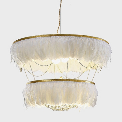 Hand-Woven Chainlet Chandelier Minimalist Feather Bedroom Pendant Light in White