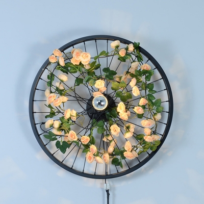 Iron Spoke Wheel Wall Lamp Fixture Farmhouse 1 Bulb Bedroom Wall Mounted Light with Plant Decor