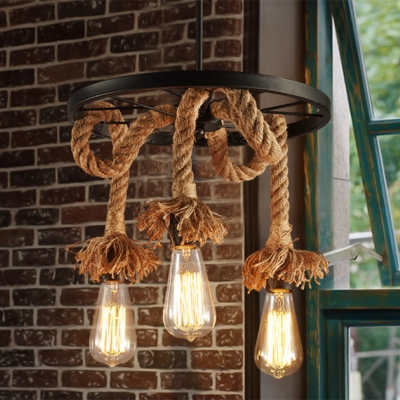 Iron Wagon Wheel Chandelier Industrial Dining Room Pendant Light with Hemp Rope in Brown