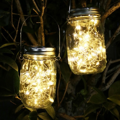 Mason Jar Outdoor Solar Pendant Lighting Clear Glass Decorative LED Hanging Light with Arched Handle