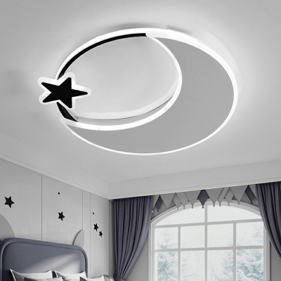 Moon and Star LED Flush Light Simple Acrylic Black and White Flush Mount Ceiling Fixture for Bedroom