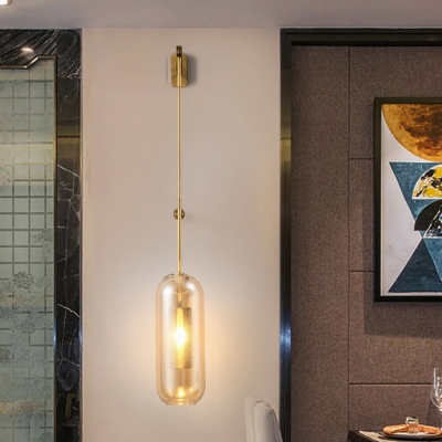 Postmodern Capsule Shaped Wall Light Glass 1-Light Living Room Wall Sconce with Mesh Tube Inside