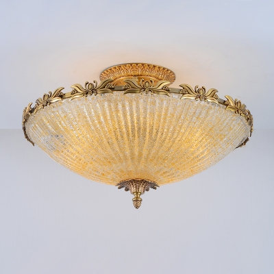 Ribbed Glass Yellow-Clear Ceiling Light Bowl Shaped Antique Style Semi Flush Mount Light for Bedroom