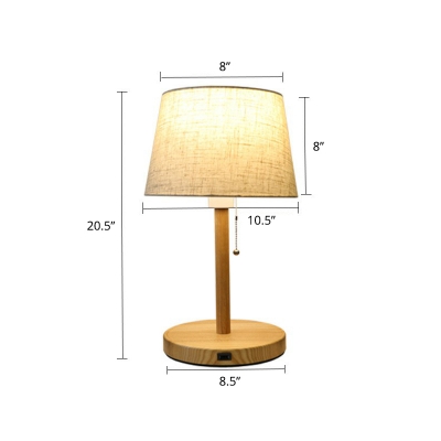 Tapered Bedroom Table Lamp Fabric 1-Light Minimalist Night Light with Pull Chain and Wood Pedestal