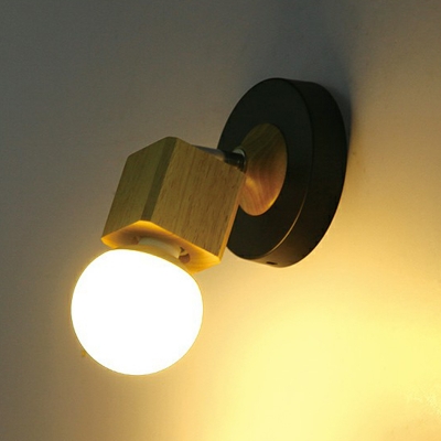 Wood Cube Rotatable Wall Lamp Nordic Single-Bulb Black Sconce Light Fixture for Bedroom