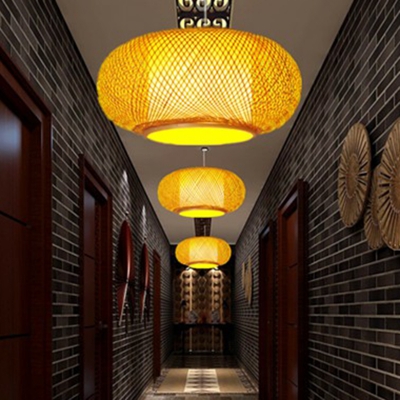Wood Hand-Weaving Ceiling Light Fixture Asian Style 1-Light Bamboo Pendant Light