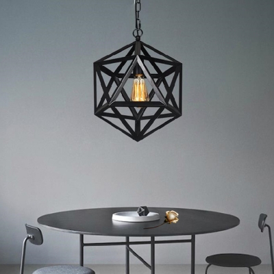 Black Single-Bulb Drop Pendant Retro Metal Rhombic Cage Suspension Light for Living Room