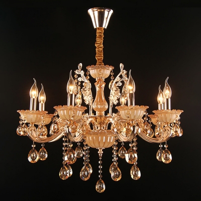 Candle Living Room Chandelier Traditional Amber Glass Gold Pendant Lighting with Crystal Drop