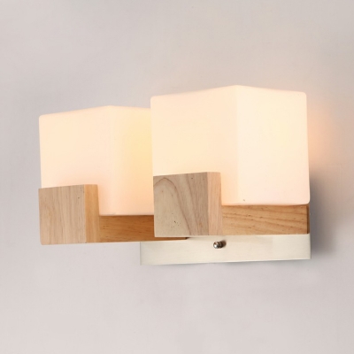 Cubic White Glass Sconce Lamp Nordic Style 1 Head Wall Mount Light with Wooden Arm