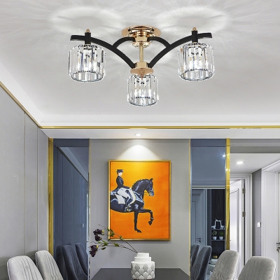 Cylindrical Semi Flush Mount Chandelier Modern Crystal Living Room Ceiling Light in Black