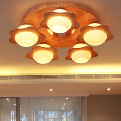 Floral Bedroom Ceiling Light Fixture Opaline Glass 5-Head Nordic Flush Mount Lamp in Wood