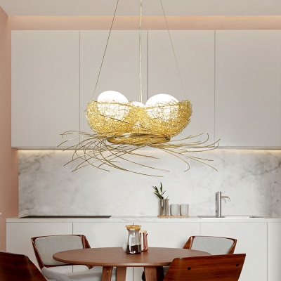 Hand-Woven Nest Chandelier Nordic Aluminum 3-Light Beige Hanging Lamp with Oval Opal Glass Shade
