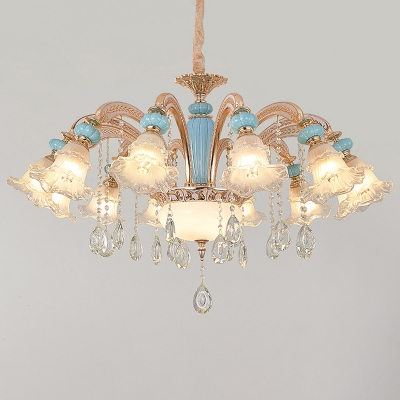 Light Blue Flower Chandelier Transitional Frosted Glass Living Room Ceiling Light with Crystal Decor