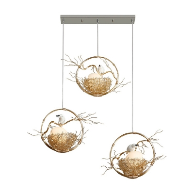 Opal Glass Egg Ceiling Hang Lamp Artistry 3-Bulb Gold Cluster Pendant with Bird and Nest Decor