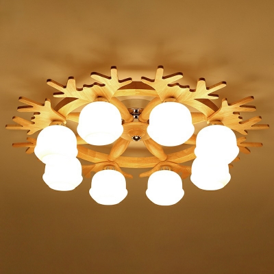 Opaline Glass Flowerbud Flush Mount Lighting Nordic Style Semi Flush Ceiling Light with Wood Antler Decor