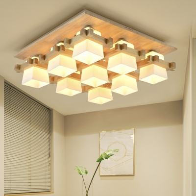 Quad Shaped Dining Room Ceiling Fixture Ivory Glass Modern Semi Flush Light in Wood