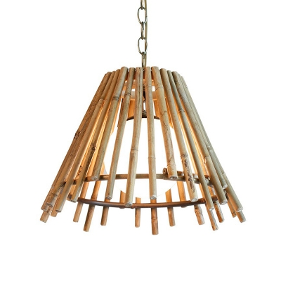 Rustic Cage Hanging Ceiling Light Bamboo Single-Bulb Restaurant Pendant Lamp in Wood