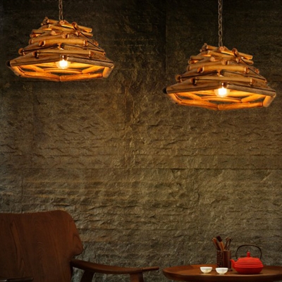 Tapered Restaurant Suspension Lighting Wood Sticks 1 Bulb Rustic Pendant Lamp in Wood