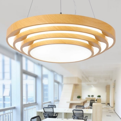 Tiered Round Office Hanging Light Metallic Modern Style LED Chandelier in Wood Grain