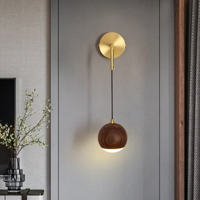 Walnut Wood Ball Wall Hanging Lamp Simplicity Brown-Brass LED Sconce Light for Corridor