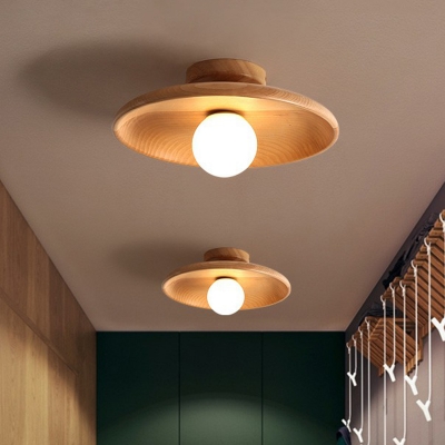 Wooden Saucer Shaped Flushmount Light Simplicity 1 Bulb Semi-Flush Ceiling Light for Corridor