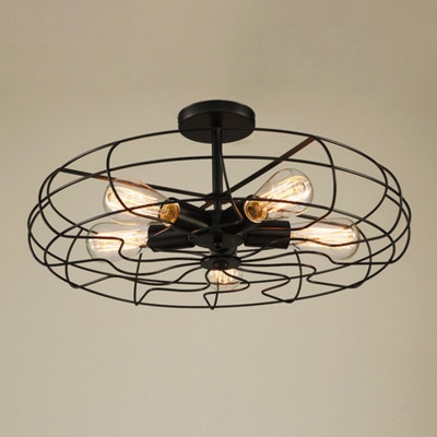 5-Light Wire Cage Chandelier Industrial Black Iron Pendant Lighting for Living Room