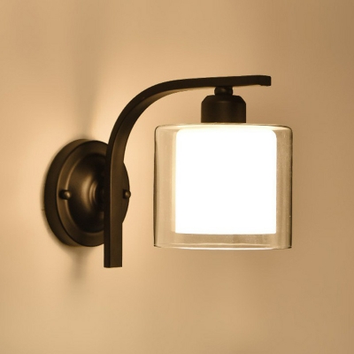 Black 1-Light Wall Sconce Retro Clear and Frosted Glass Cylindrical Wall Mount Light for Bedroom