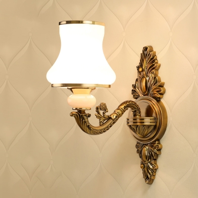 Bronze Finish Wall Light Antique White Glass Flared Wall Mounted Light for Bedroom