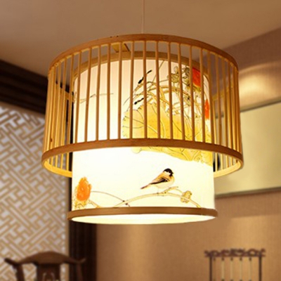 Cylindrical Bamboo Pendant Lighting Fixture Chinoiserie 1-Bulb Wood Ceiling Light for Dining Room