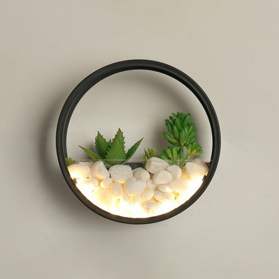 Decorative Loop Shaped LED Wall Lamp Metal Bedside Wall Sconce with Pebbles and Fake Succulents Decor