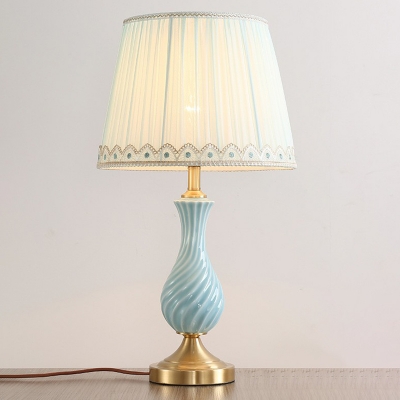 Empire Shade Table Lamp Minimalist Pleated Fabric Single Blue Night Light with Braided Trim and Ceramic Vase Base
