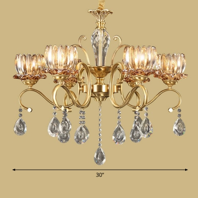 Flower Clear Glass Up Chandelier Traditional Dining Room Ceiling Light with Brass Swirling Arm
