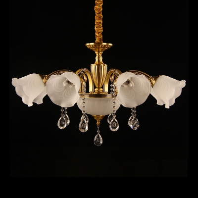 Frosted Glass Chandelier Traditional Gold Flower Living Room Hanging Light with Crystal Drops