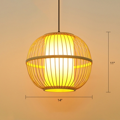 Globe Pendant Light Fixture Chinese Wooden 1 Bulb Restaurant Hanging Lamp in Beige