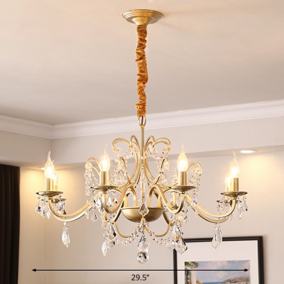 Gold Finish Candle Hanging Light Antique Style Metal Restaurant Chandelier with Crystal Strands