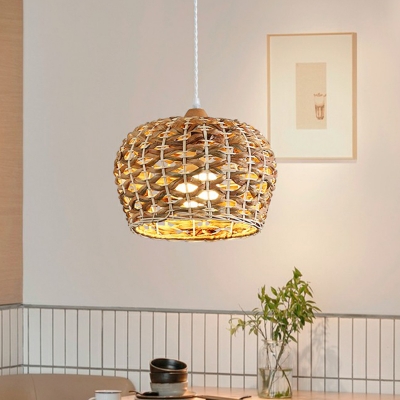Hand-Twisted Cage Pendant Lamp Asia Rattan 1 Bulb Restaurant Suspension Light in Wood